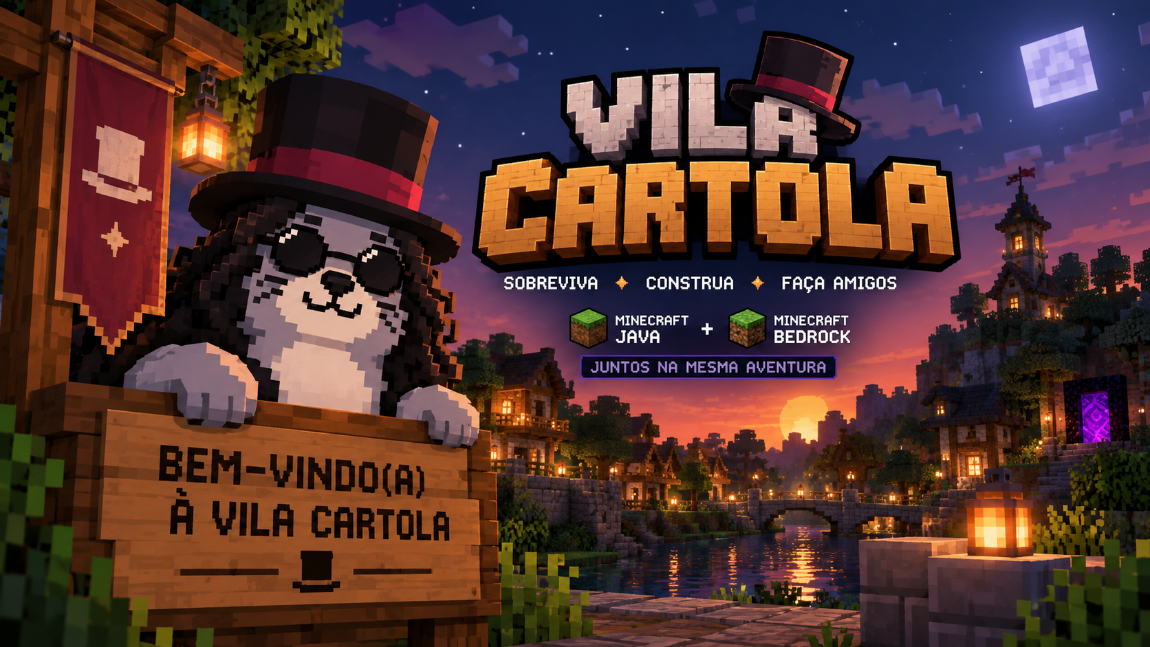 Vila Cartola — Sobreviva, Construa, Faça Amigos. Servidor Minecraft Java + Bedrock crossplay.